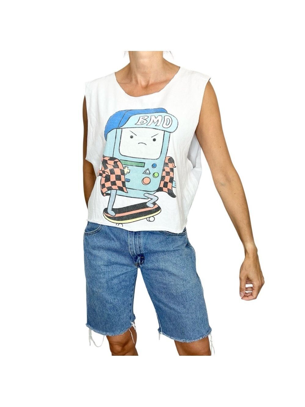 Upcycled Vintage BMO robot skateboarding cropped sleeveless boxy t shirt XL